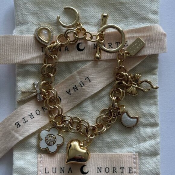 Luna Norte Toggle Brass 7 Charms Bracelet Gold Color W Mother of Pearl - Picture 3 of 10